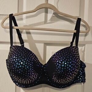 Torrid Demi Lift Ballet Back Bra 42DDD 42F Black Foil Print Underwire Plunge